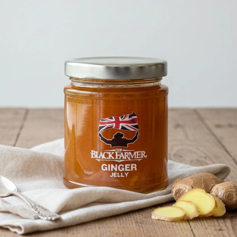 Frasco de Ginger Jelly sobre um pano de linho numa mesa de madeira, com uma colher e gengibre fatiado, ambiente gerado por IA